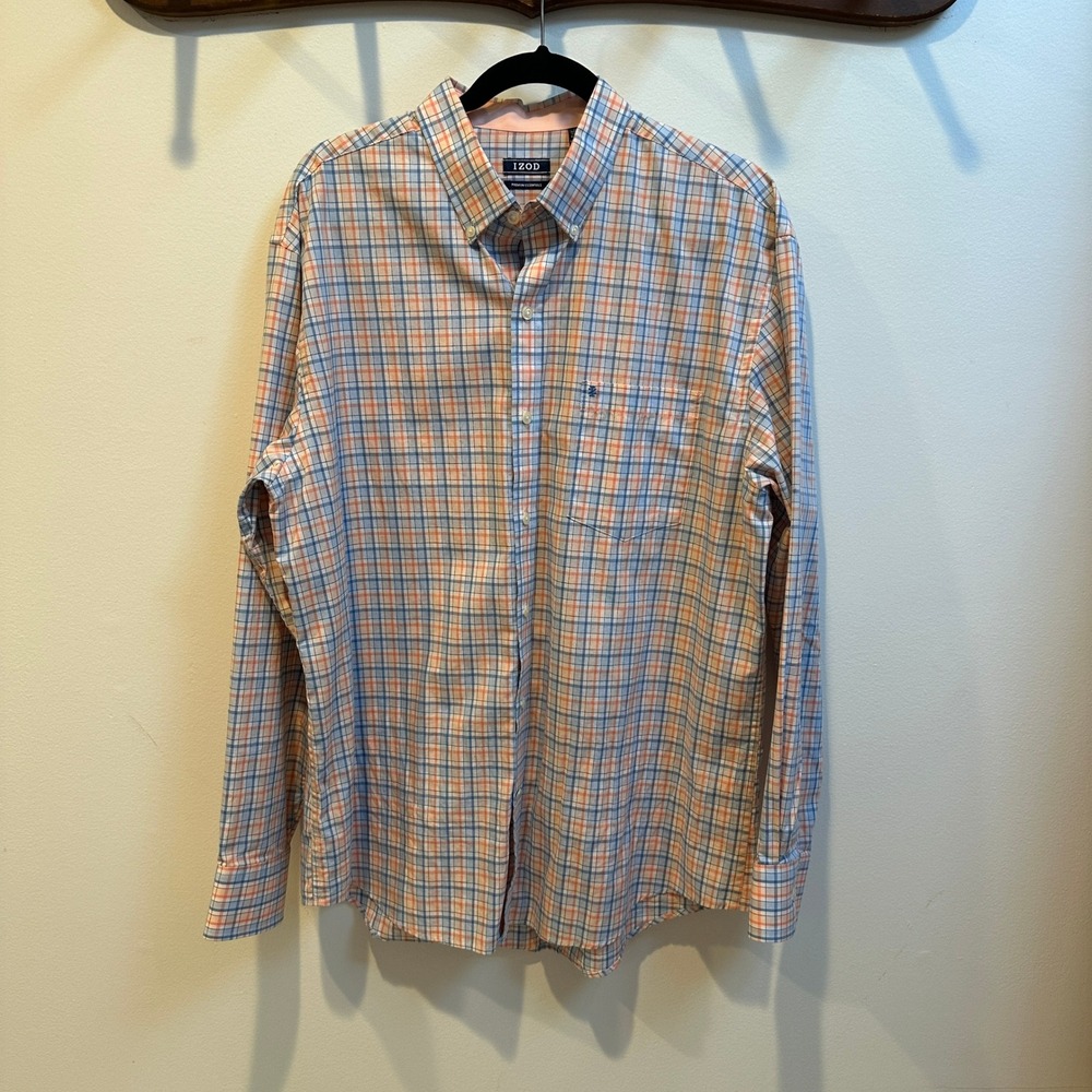 IZOD Premium Essentials Mens Large Orange Blue Plaid Cotton Button Down Shirt